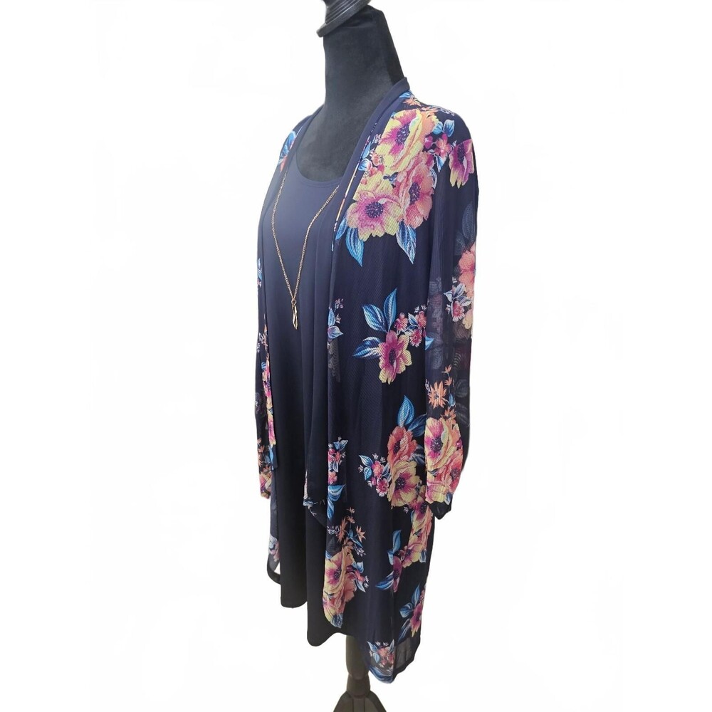 Stella & Julie Navy Blue Floral Print Dress, Sheer Cardigan and Necklace Set 14 - Picture 3 of 6